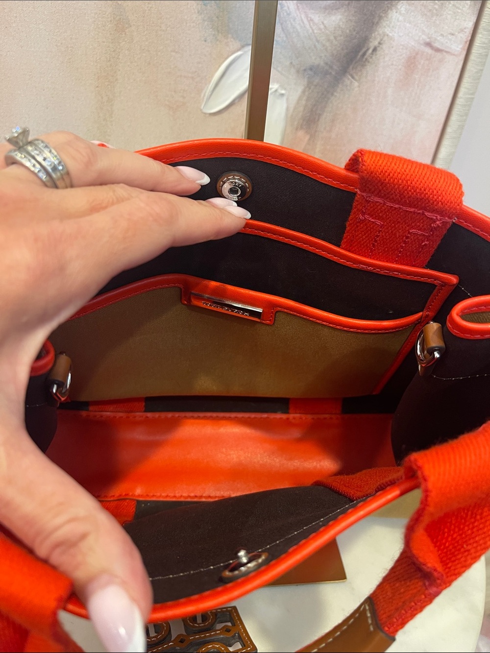 NWOT Tory Burch Tan Canvas Tote with Bright with Coral Trim - Picture 7 of 8